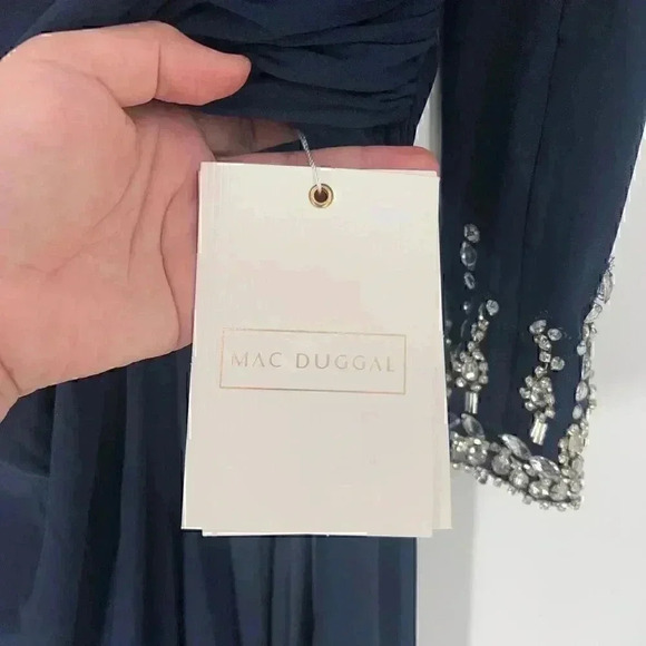 Mac Duggal Maxi Long Gown 4 Navy Beaded Off Shoulder Faux Wrap Wedding Gala - Picture 15 of 16